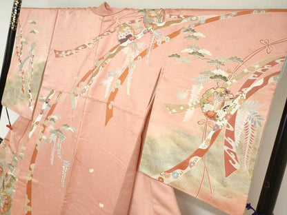 平和屋着物●訪問着　駒刺繍　雪輪御所車花鳥文　暈し染め　金銀彩　正絹　逸品　DABG2798ud