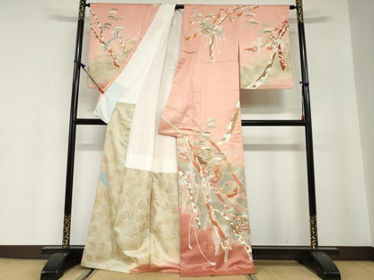 平和屋着物●訪問着　駒刺繍　雪輪御所車花鳥文　暈し染め　金銀彩　正絹　逸品　DABG2798ud
