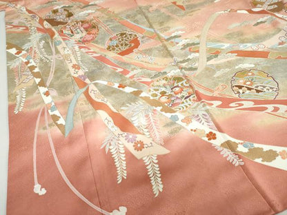 平和屋着物●訪問着　駒刺繍　雪輪御所車花鳥文　暈し染め　金銀彩　正絹　逸品　DABG2798ud