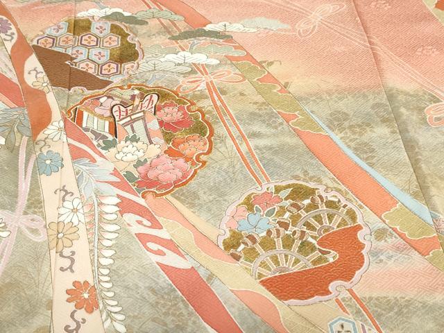 平和屋着物●訪問着　駒刺繍　雪輪御所車花鳥文　暈し染め　金銀彩　正絹　逸品　DABG2798ud