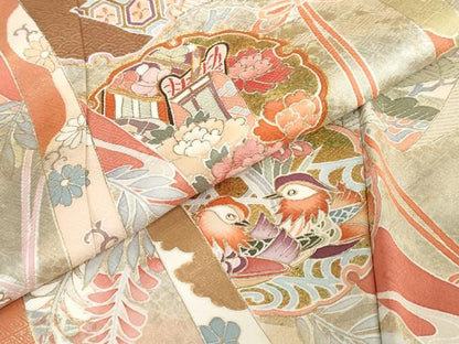 平和屋着物●訪問着　駒刺繍　雪輪御所車花鳥文　暈し染め　金銀彩　正絹　逸品　DABG2798ud