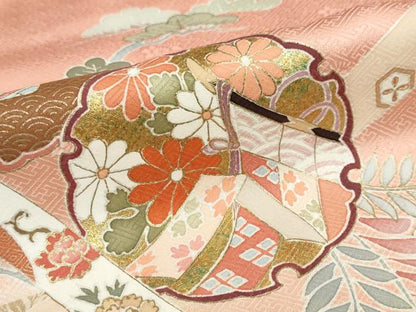 平和屋着物●訪問着　駒刺繍　雪輪御所車花鳥文　暈し染め　金銀彩　正絹　逸品　DABG2798ud