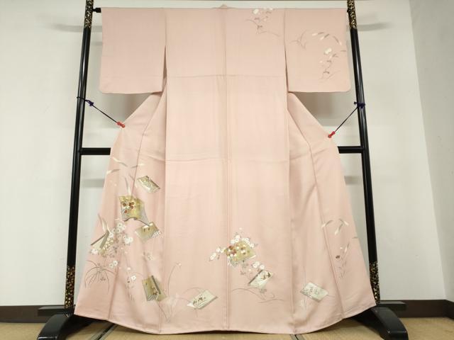 平和屋着物●訪問着　駒刺繍　冊子草花文　金彩　正絹　逸品　DABG2807ud