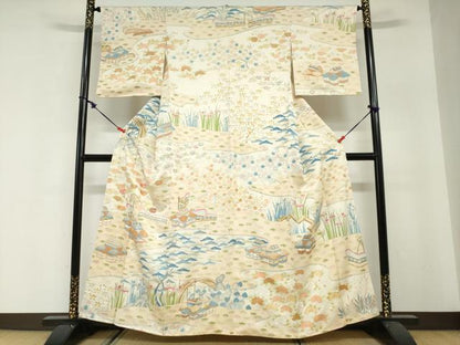 平和屋着物●訪問着　刺繍　流水風景草花文　金彩　正絹　逸品　DABG2810ud