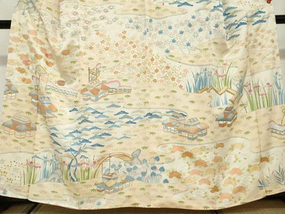平和屋着物●訪問着　刺繍　流水風景草花文　金彩　正絹　逸品　DABG2810ud