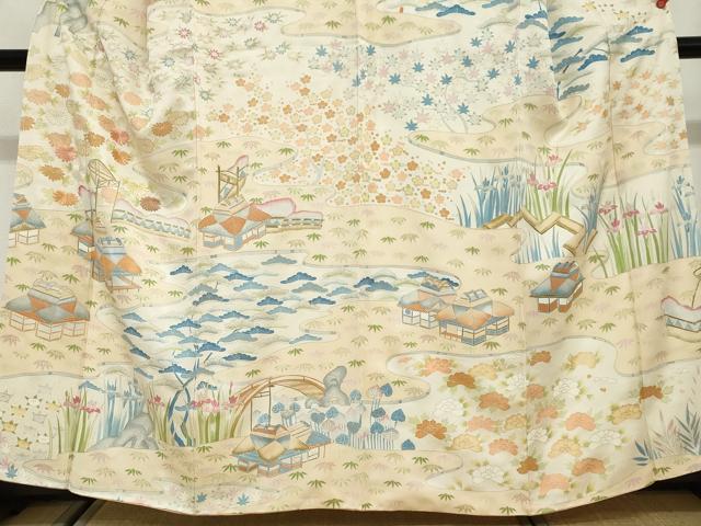 平和屋着物●訪問着　刺繍　流水風景草花文　金彩　正絹　逸品　DABG2810ud