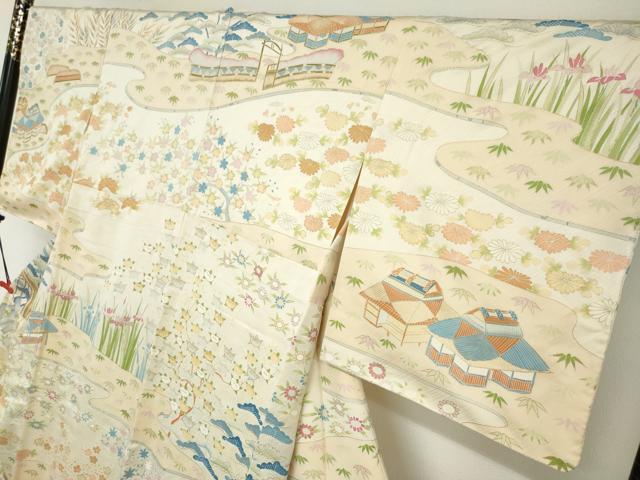平和屋着物●訪問着　刺繍　流水風景草花文　金彩　正絹　逸品　DABG2810ud