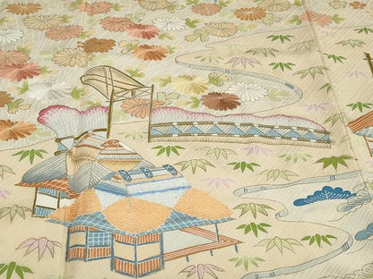 平和屋着物●訪問着　刺繍　流水風景草花文　金彩　正絹　逸品　DABG2810ud