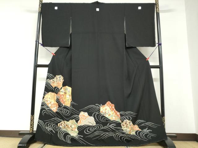 平和屋着物●豪華黒留袖　駒刺繍　流水吉祥草花文　金彩　正絹　逸品　DABG2815ud