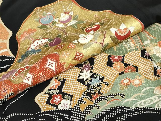 平和屋着物●豪華黒留袖　駒刺繍　流水吉祥草花文　金彩　正絹　逸品　DABG2815ud