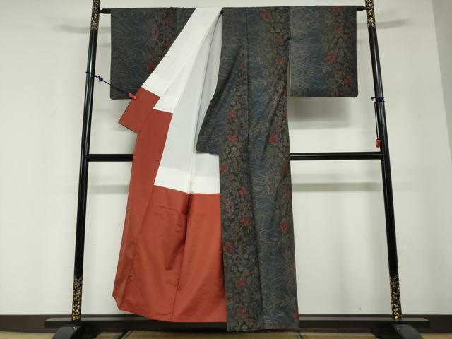平和屋着物●本場大島紬　9マルキ　流水草花文　正絹　逸品　DABG2823ud