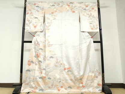 平和屋着物●訪問着　駒刺繍　雲取り草花文　金彩　ロング丈　正絹　逸品　DABG2830ud
