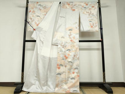平和屋着物●訪問着　駒刺繍　雲取り草花文　金彩　ロング丈　正絹　逸品　DABG2830ud