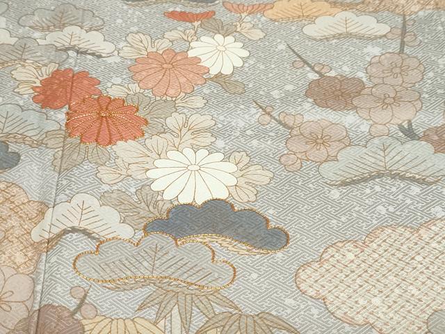 平和屋着物●訪問着　駒刺繍　雲取り草花文　金彩　ロング丈　正絹　逸品　DABG2830ud