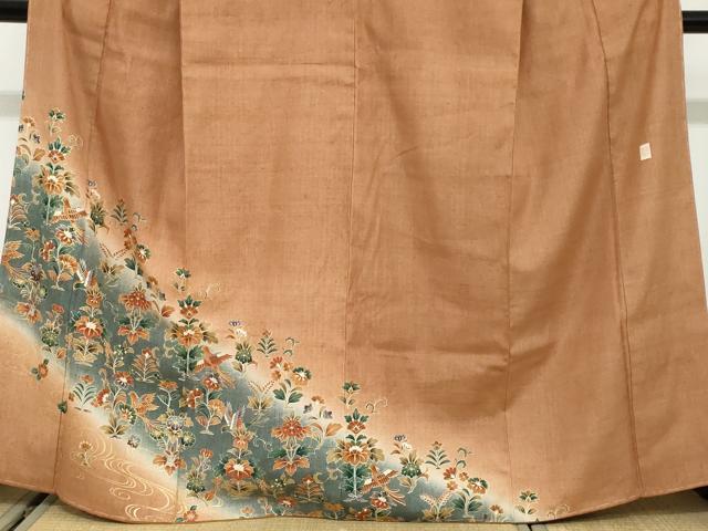 平和屋着物●訪問着　作家物　紬地　流水鳳凰草花文　暈し染め　金彩　正絹　逸品　未使用　DABG2833ud