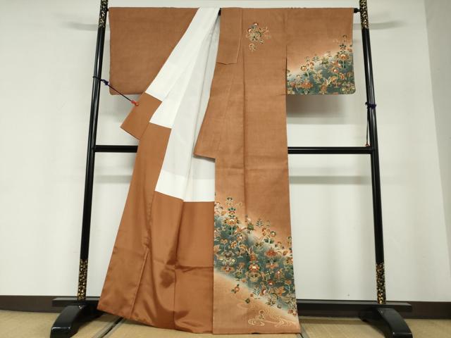 平和屋着物●訪問着　作家物　紬地　流水鳳凰草花文　暈し染め　金彩　正絹　逸品　未使用　DABG2833ud