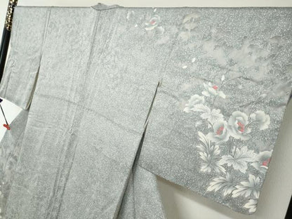 平和屋着物●訪問着　草花文　たたき染め　銀彩　正絹　逸品　DABG2855ud
