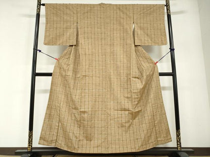 平和屋着物●上質な紬　花織　変わり格子文　やまと誂製　正絹　逸品　未使用　DABG2862ud