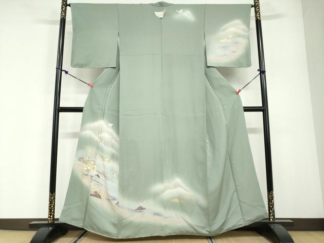 平和屋着物●訪問着　刺繍　流水遠山群れ鳥文　暈し染め　金彩　正絹　逸品　DABG2870ud
