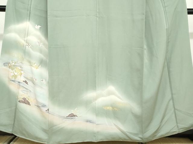 平和屋着物●訪問着　刺繍　流水遠山群れ鳥文　暈し染め　金彩　正絹　逸品　DABG2870ud