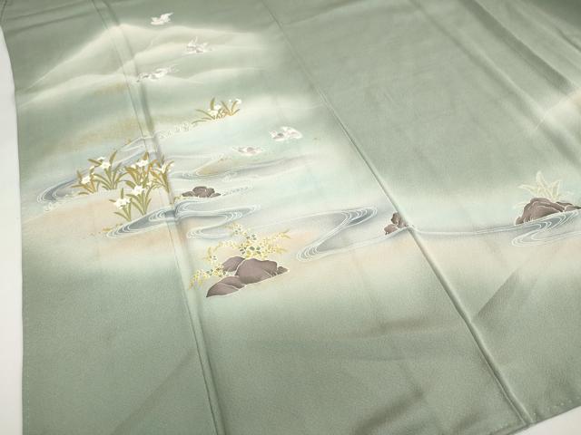 平和屋着物●訪問着　刺繍　流水遠山群れ鳥文　暈し染め　金彩　正絹　逸品　DABG2870ud