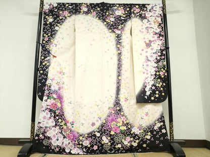 平和屋着物●豪華振袖　刺繍　鼓草花文　暈し染め　銀通し地　友禅きもの友禅扱い　正絹　逸品　DABG2891ud