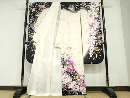 平和屋着物●豪華振袖　刺繍　鼓草花文　暈し染め　銀通し地　友禅きもの友禅扱い　正絹　逸品　DABG2891ud