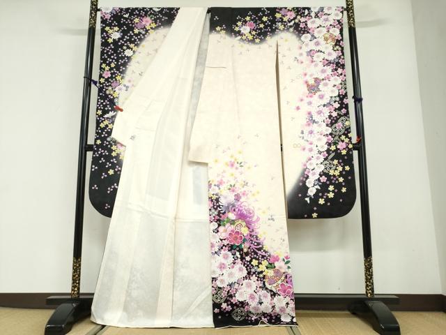 平和屋着物●豪華振袖　刺繍　鼓草花文　暈し染め　銀通し地　友禅きもの友禅扱い　正絹　逸品　DABG2891ud