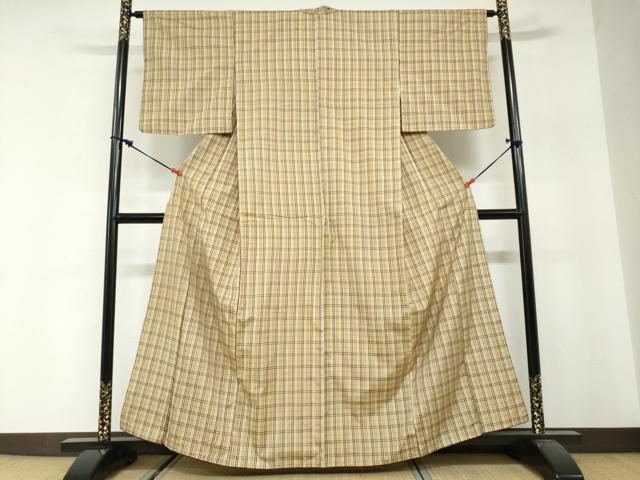 平和屋着物●上質な紬　格子文　正絹　逸品　DABG2910ud