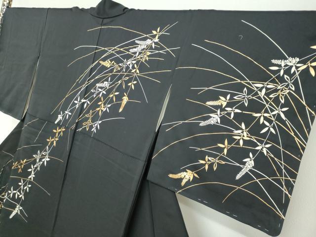 平和屋着物●訪問着　雪輪飛鶴花文　黒地　金彩　正絹　逸品　未使用　DABG2933ud