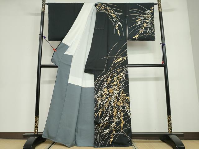 平和屋着物●訪問着　雪輪飛鶴花文　黒地　金彩　正絹　逸品　未使用　DABG2933ud