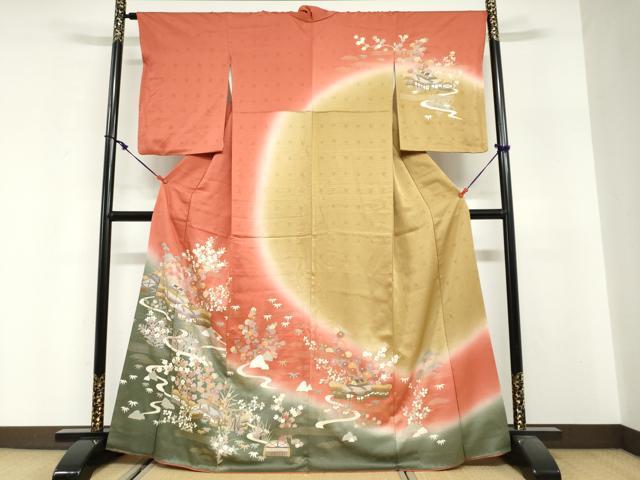 平和屋着物●訪問着　流水風景草花文　暈し染め　金彩　正絹　逸品　DABG2968ud
