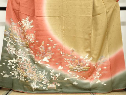 平和屋着物●訪問着　流水風景草花文　暈し染め　金彩　正絹　逸品　DABG2968ud