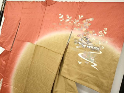 平和屋着物●訪問着　流水風景草花文　暈し染め　金彩　正絹　逸品　DABG2968ud