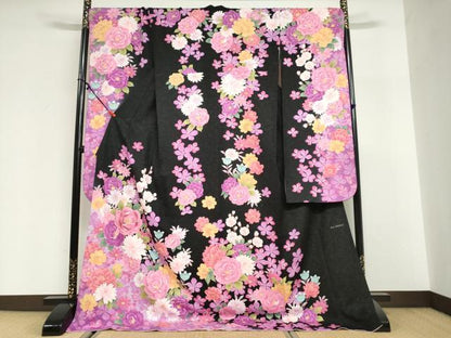 平和屋着物●押切もえ　MOE OSHIKIRI　振袖　舞花文　暈し染め　黒地　金通し地　正絹　逸品　DABG2982ud
