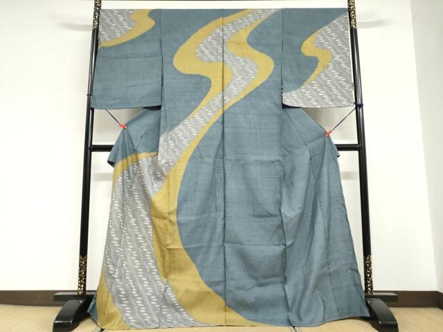 平和屋着物＊夏物　男性　染織の名門　しょうざん  生紬　訪問着　一珍染　雪の結晶　反端付き　キングサイズ　正絹　逸品　AABI4684jd 平和屋着物○染織の名門 しょうざん 生紬 訪問着 抽象文様 仮絵