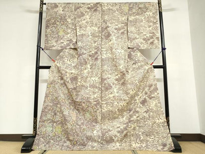 平和屋着物●訪問着　紬地　型染め　平安流水草花文　上代28万　仮絵羽　正絹　逸品　未使用　DABG2984ud