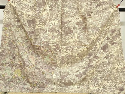 平和屋着物●訪問着　紬地　型染め　平安流水草花文　上代28万　仮絵羽　正絹　逸品　未使用　DABG2984ud