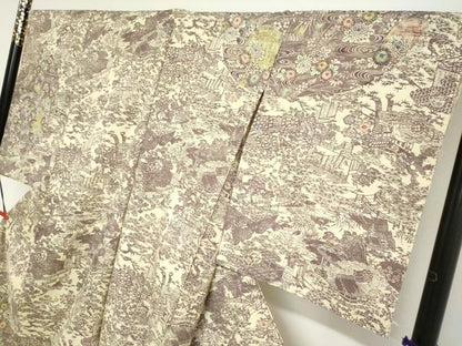 平和屋着物●訪問着　紬地　型染め　平安流水草花文　上代28万　仮絵羽　正絹　逸品　未使用　DABG2984ud