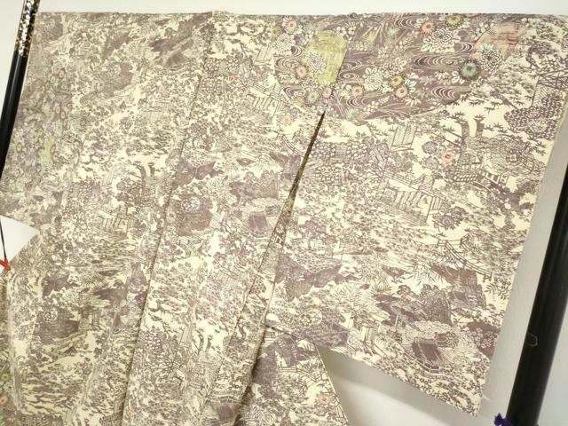 平和屋着物●訪問着　紬地　型染め　平安流水草花文　上代28万　仮絵羽　正絹　逸品　未使用　DABG2984ud