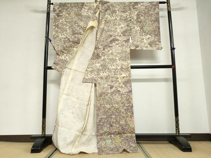 平和屋着物●訪問着　紬地　型染め　平安流水草花文　上代28万　仮絵羽　正絹　逸品　未使用　DABG2984ud