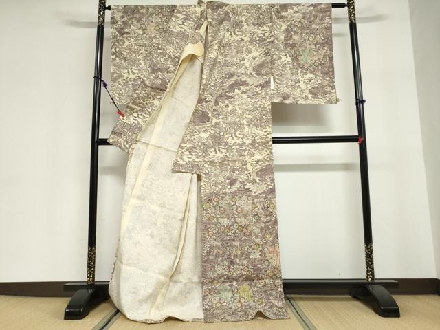 平和屋着物●訪問着　紬地　型染め　平安流水草花文　上代28万　仮絵羽　正絹　逸品　未使用　DABG2984ud