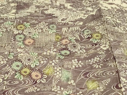 平和屋着物●訪問着　紬地　型染め　平安流水草花文　上代28万　仮絵羽　正絹　逸品　未使用　DABG2984ud