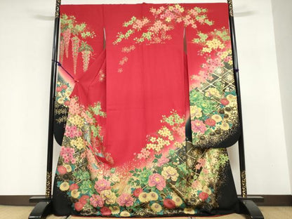 平和屋着物●豪華振袖　駒刺繍　御所車草花文　暈し染め　金彩　正絹　逸品　DABG2994ud