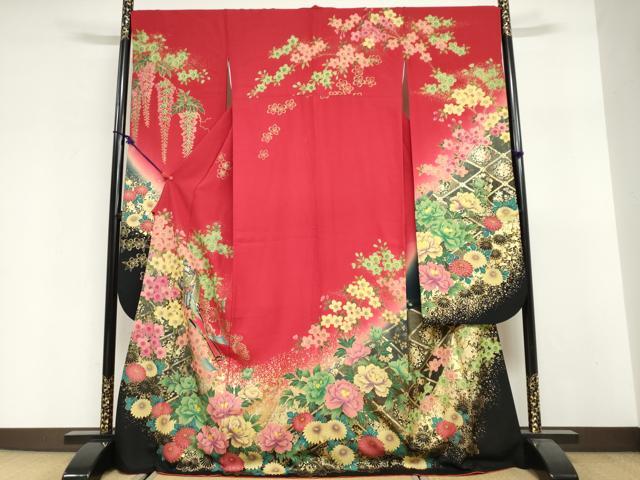 平和屋着物●豪華振袖　駒刺繍　御所車草花文　暈し染め　金彩　正絹　逸品　DABG2994ud