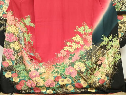 平和屋着物●豪華振袖　駒刺繍　御所車草花文　暈し染め　金彩　正絹　逸品　DABG2994ud