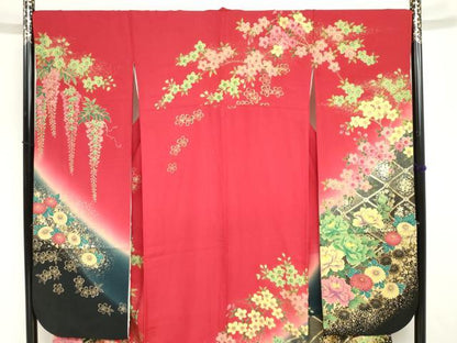 平和屋着物●豪華振袖　駒刺繍　御所車草花文　暈し染め　金彩　正絹　逸品　DABG2994ud