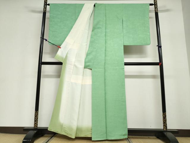 平和屋着物●上質な色無地　雲霞地紋　若緑色　正絹　逸品　DABG2995ud