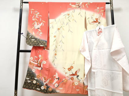 平和屋着物[]七五三　女の子　７歳　祝着　四つ身　襦袢(無双仕立て・半衿刺繍)セット　飛鶴枝梅文　暈し染め　金彩　逸品　DABG3007ma