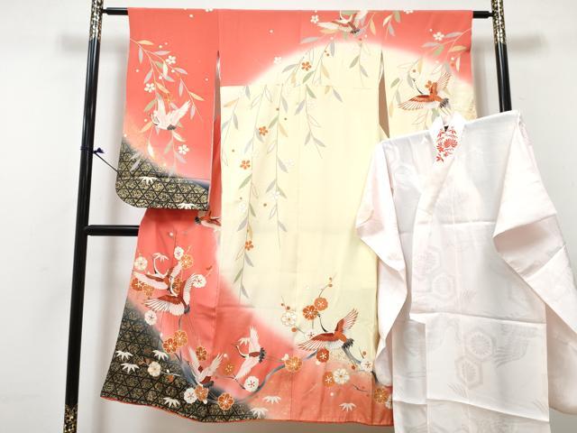 平和屋着物[]七五三　女の子　７歳　祝着　四つ身　襦袢(無双仕立て・半衿刺繍)セット　飛鶴枝梅文　暈し染め　金彩　逸品　DABG3007ma